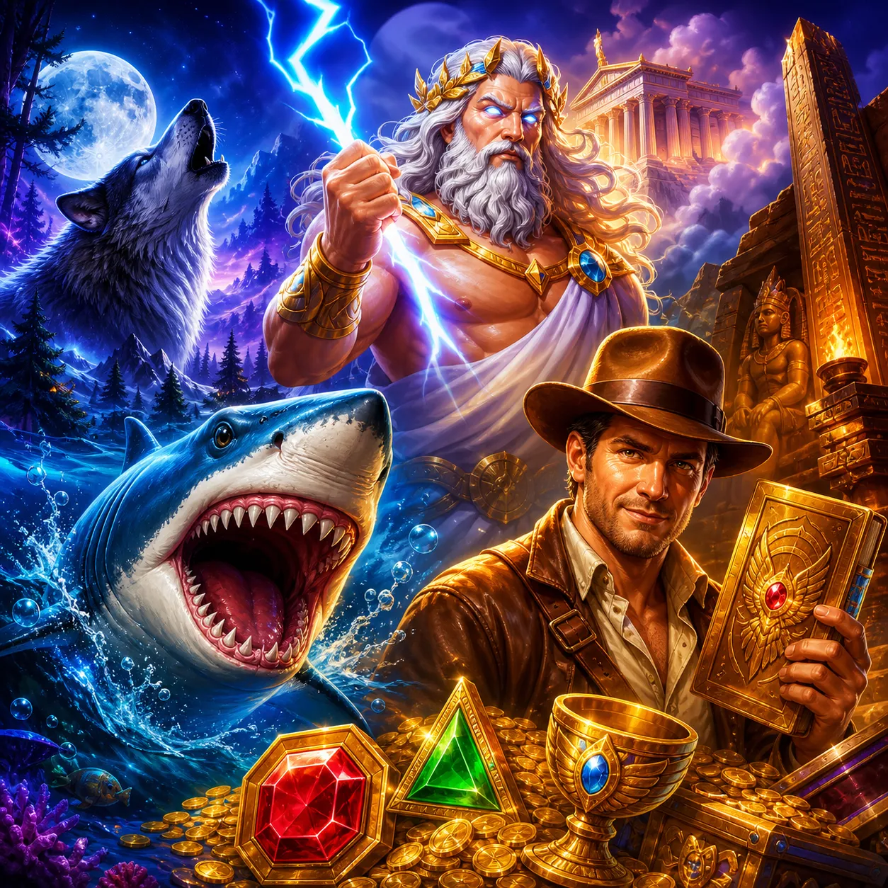 Colorful slot game illustration with mythical characters and fantasy landscapes