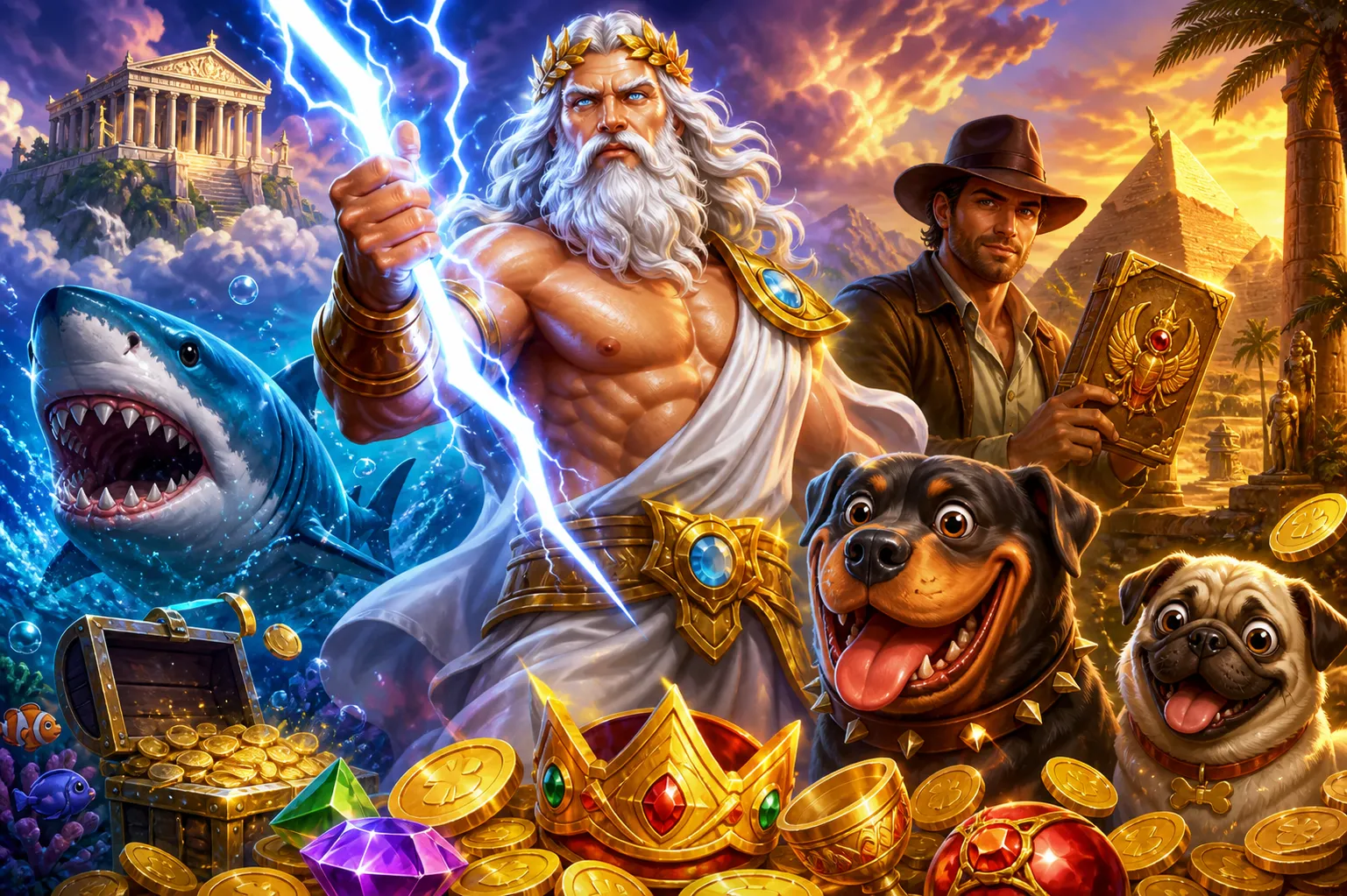 Cinematic promotional image of colorful slot game with vibrant characters, dynamic lighting, and rich environment